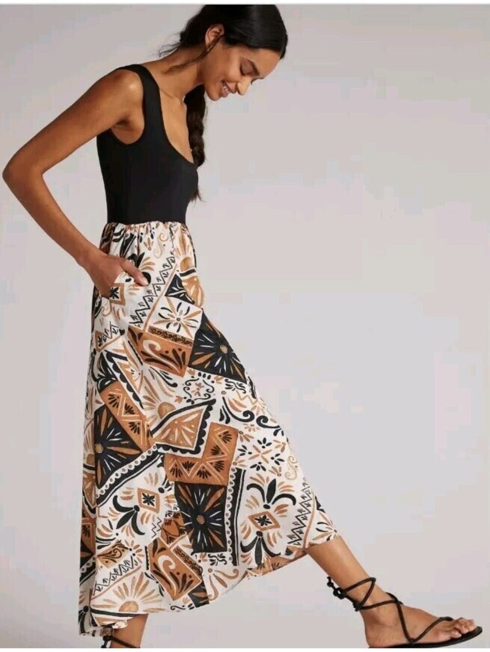 Anthropologie Large Sleeveless Printed Twofer Maxi Dress